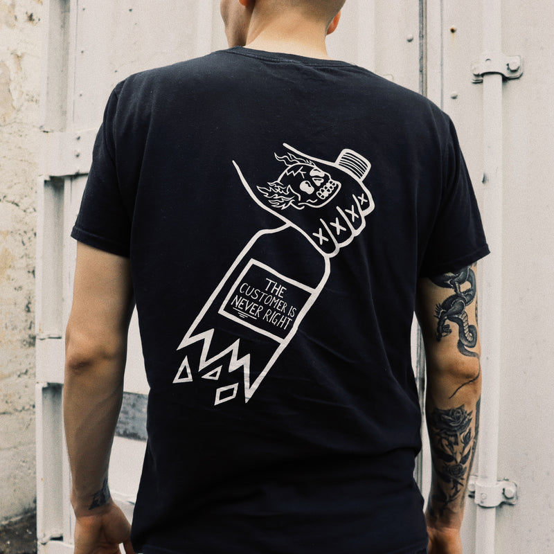 'Bottle' on Back Unisex Black T-Shirt