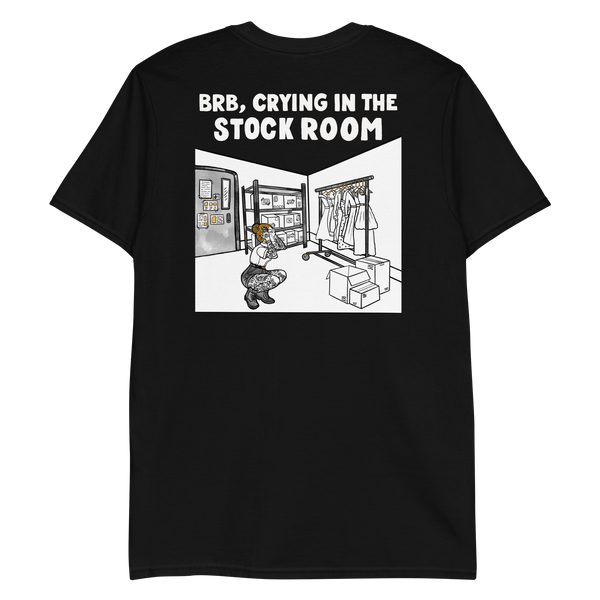 'Retail Stockroom' on Back Unisex Black T-Shirt